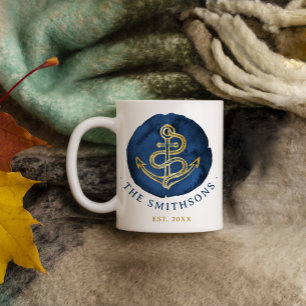 Elegant Watercolor Anchor Nautical Name Navy Blue Coffee Mug