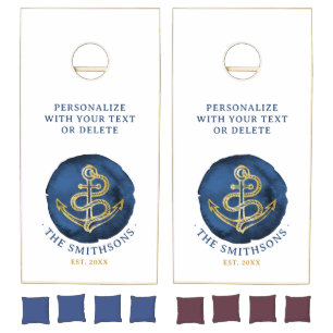 Elegant Watercolor Anchor Nautical Name Navy Blue Cornhole Set