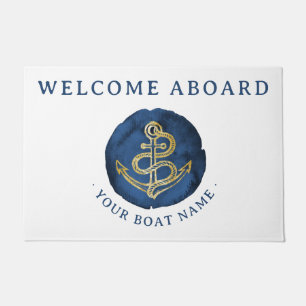 Elegant Watercolor Anchor Nautical Name Navy Blue Doormat