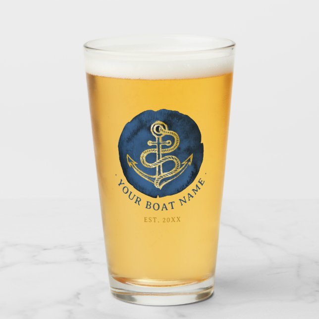  Elegant Watercolor Anchor Nautical Name Navy Blue Glass (Front Filled)