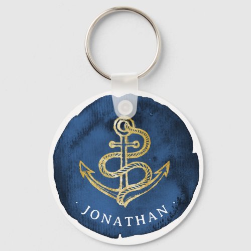  Elegant Watercolor Anchor Nautical Name Navy Blue Keychain