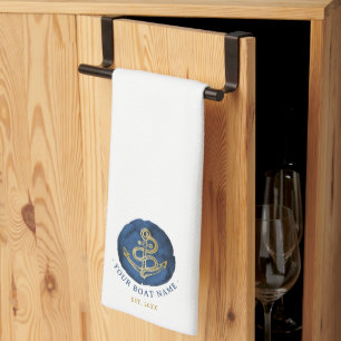  Elegant Watercolor Anchor Nautical Name Navy Blue Kitchen Towel