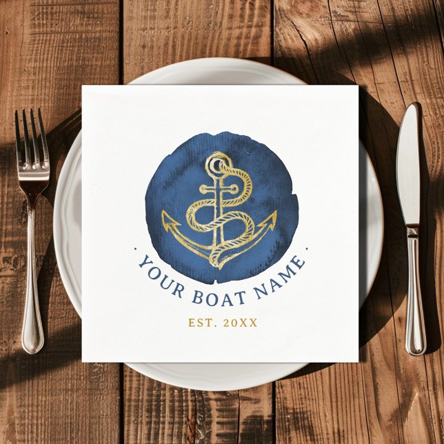  Elegant Watercolor Anchor Nautical Name Navy Blue Napkins (Creator Uploaded)