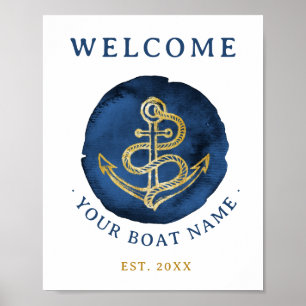 Elegant Watercolor Anchor Nautical Name Navy Blue Poster