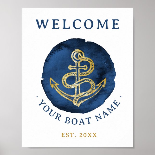  Elegant Watercolor Anchor Nautical Name Navy Blue Poster (Front)