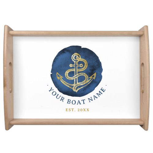  Elegant Watercolor Anchor Nautical Name Navy Blue Serving Tray
