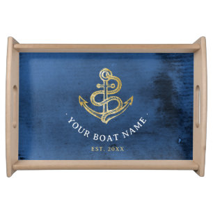 Elegant Watercolor Anchor Nautical Name Navy Blue Serving Tray