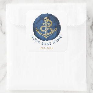 Elegant Watercolor Anchor Nautical Name Navy Blue Square Sticker