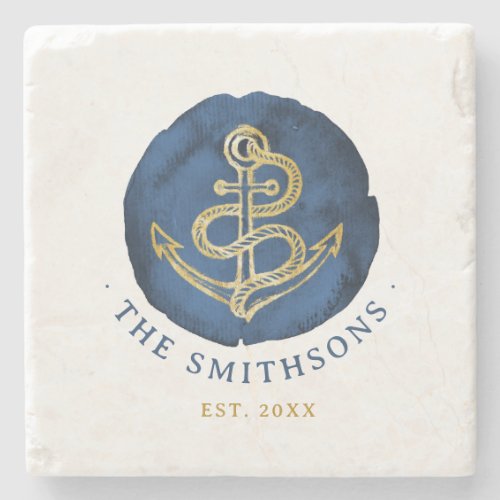  Elegant Watercolor Anchor Nautical Name Navy Blue Stone Coaster