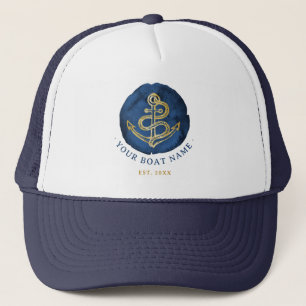 Elegant Watercolor Anchor Nautical Name Navy Blue Trucker Hat