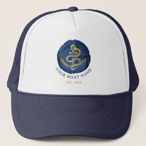  Elegant Watercolor Anchor Nautical Name Navy Blue Trucker Hat