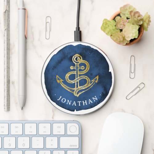  Elegant Watercolor Anchor Nautical Name Navy Blue Wireless Charger