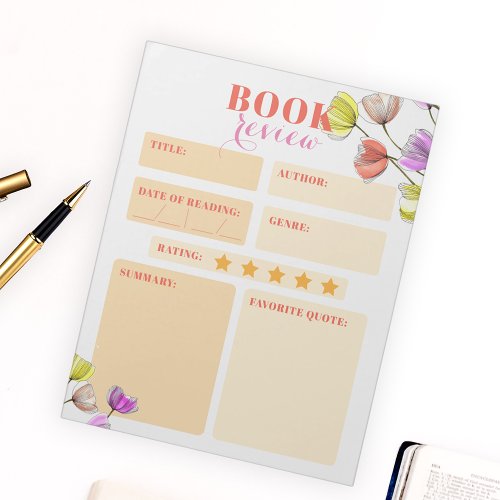Elegant Watercolor and Ink Flowers Book Review Notepad