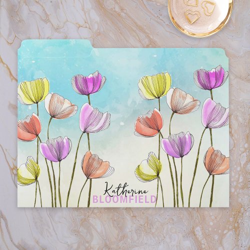 Elegant Watercolor and Ink Tulips in Blue Sky File Folder