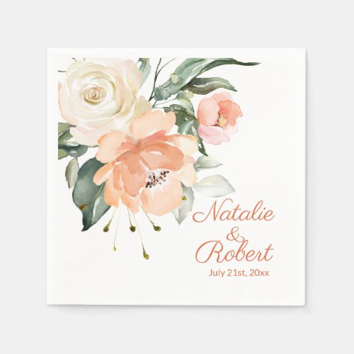 Elegant watercolor apricot cream roses Wedding Napkins