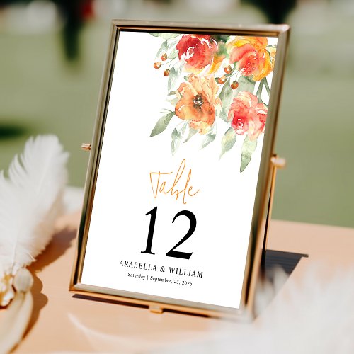 Elegant Watercolor Apricot Floral Table Number