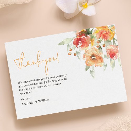 Elegant Watercolor Apricot Floral Wedding Thank You Card