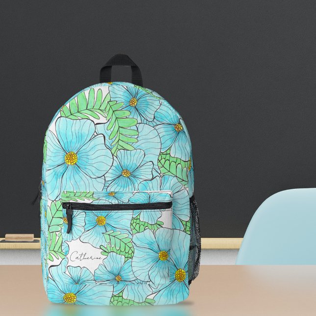 Elegant Watercolor Aqua Blue Flowers and Greenery Printed Backpack (Creator Uploaded)