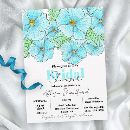 Elegant Watercolor Aqua Blue Flowers Bridal Shower Invitation