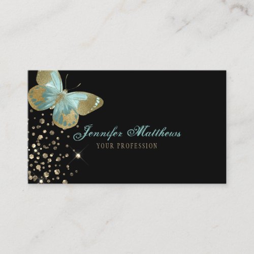 Elegant Watercolor Aqua  Gold Glitter Butterfly Business Card