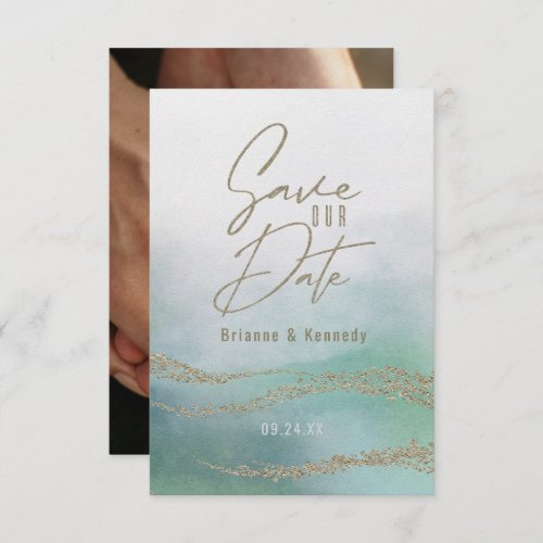 Elegant Watercolor Aqua Ocean  Gold Save the Date