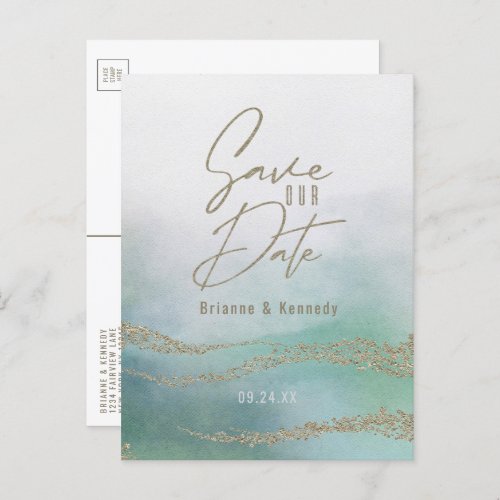 Elegant Watercolor Aqua Ocean  Gold Save the Date Announcement Postcard