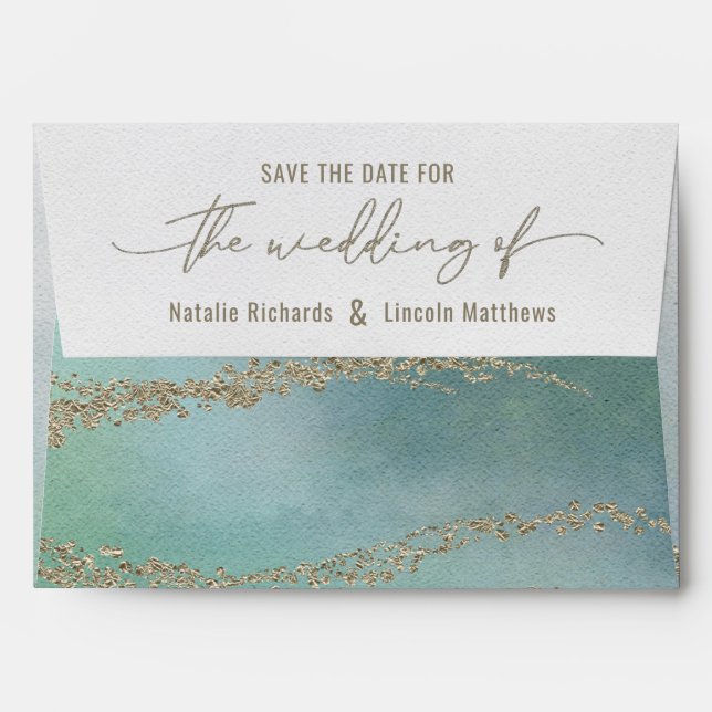 Elegant Watercolor Aqua Ocean & Gold Save the Date Envelope (Back (Top Flap))