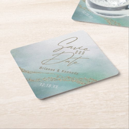 Elegant Watercolor Aqua Ocean  Gold Save the Date Paper Coaster