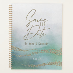 Elegant Watercolor Aqua Ocean & Gold Save the Date Planner