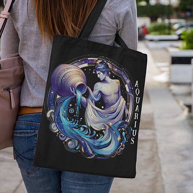 Elegant Watercolor Aquarius Zodiac Black  Tote Bag (Creator Uploaded)
