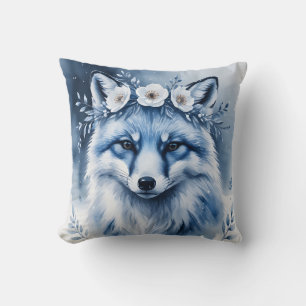 Elegant Watercolor Arctic Fox Floral Throw Pillow