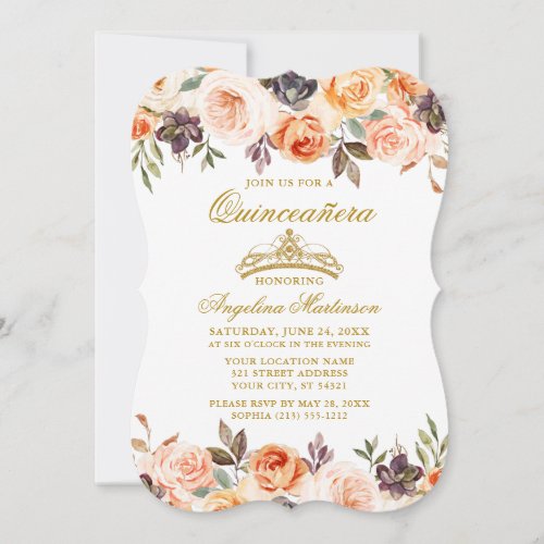 Elegant Watercolor Autumn Floral Gold Quinceanera Invitation