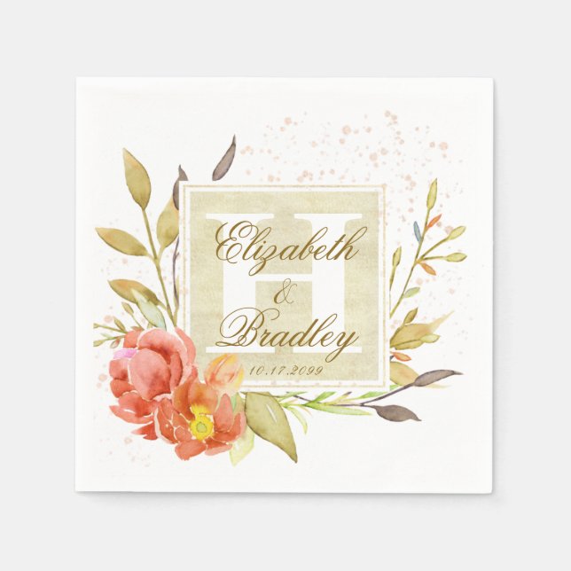 Elegant Watercolor Autumn Floral Monogram Couple Napkins (Front)