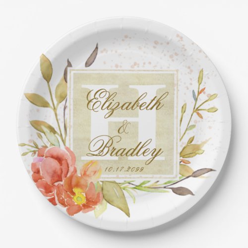 Elegant Watercolor Autumn Floral Monogram Couple Paper Plates