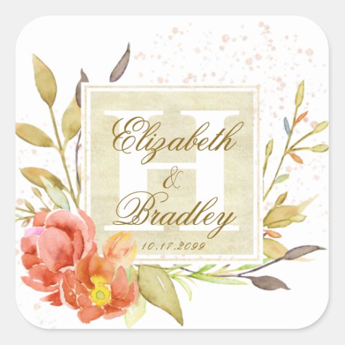 Elegant Watercolor Autumn Floral Monogram Couple Square Sticker