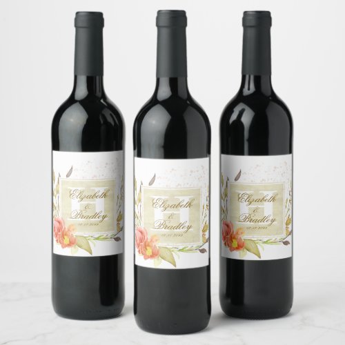 Elegant Watercolor Autumn Floral Monogram Couple Wine Label