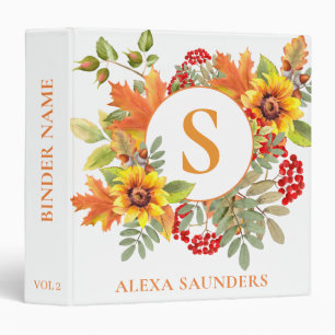 Elegant Watercolor Autumn Floral Monogrammed 3 Ring Binder
