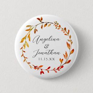 Elegant Watercolor Autumn Leaves Custom Wedding Button