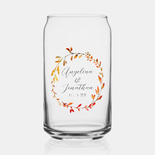 Elegant Watercolor Autumn Leaves Custom Wedding Can Glass
