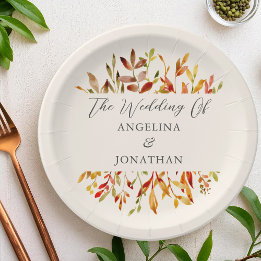 Elegant Watercolor Autumn Leaves Custom Wedding Paper Plates
