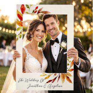 Elegant Watercolor Autumn Leaves Ivory Wedding Selfie Frame
