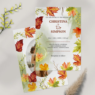Elegant Watercolor Autumn Photo Wedding  Invitation