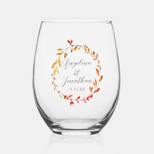 Elegant Watercolor Autumn Wreath Custom Wedding Stemless Wine Glass
