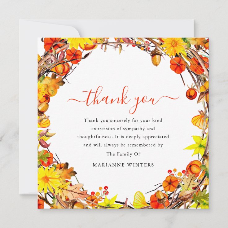 Elegant Watercolor Autumn Wreath Funeral Thank You | Zazzle