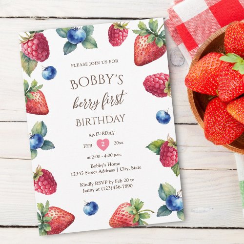 Elegant Watercolor Baby Girl Berry First Birthday Invitation