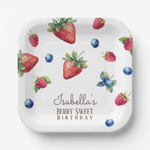 Elegant Watercolor Baby Girl Berry First Birthday Paper Plates