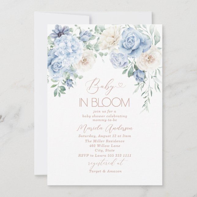 Elegant Watercolor Baby in Blooom Blue flowers   B Invitation (Front)