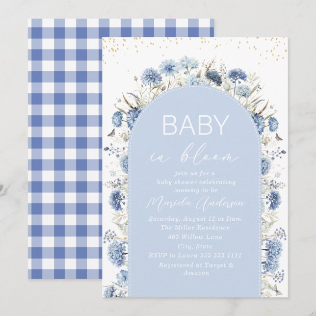 Elegant Watercolor Baby in Blooom blue flowers   B Invitation (Front/Back)