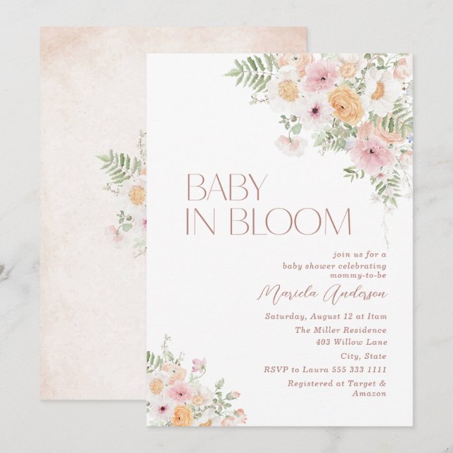 Elegant Watercolor Baby in Blooom Pink flowers   B Invitation (Front/Back)