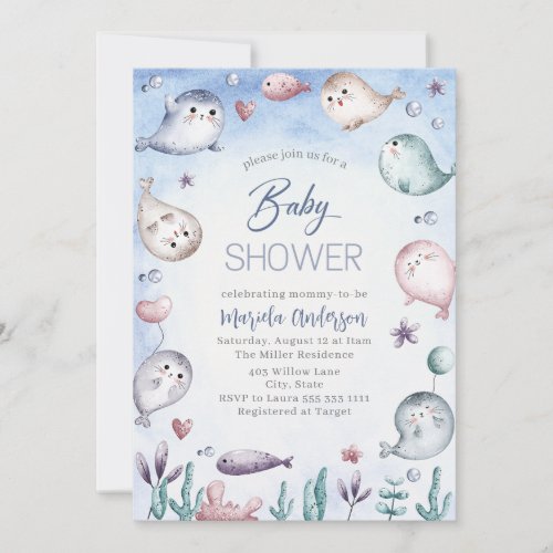 Elegant Watercolor Baby Seal Baby Shower Invitation